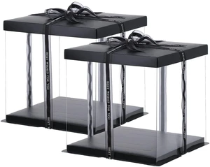 2Pcs Large Cake PET Clear Box, 10" X 10" X 9" with ribbon and pre-folded lid, for 8" cake packing carry, baking cookie display, Carry Tall Layer Gift, Festive Gift Box -Black 2Pcs Large Cake PET Clear Box, 10" X 10" X 9" with ribbon and pre-folded lid, for 8" cake packing carry, baking cookie display, Carry Tall Layer Gift, Festive Gift Box -Black