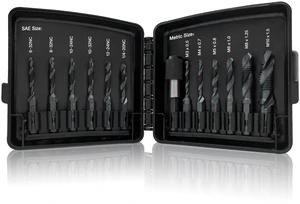 Drill & Tap Bits Set of 13 pcs - 6 SAE Sizes: 6-32NC to 1/4-20NC, 6 Metric Sizes: M3 to M10 and a Quick-Change Adapter Combine Drilling Tapping Threading Countersinking Functions in One Bit, Black Drill & Tap Bits Set of 13 pcs - 6 SAE Sizes: 6-32NC to 1/4-20NC, 6 Metric Sizes: M3 to M10 and a Quick-Change Adapter Combine Drilling Tapping Threading Countersinking Functions in One Bit, Black