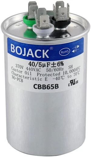 40+5 uF 40/5 MFD ±6% 370V/440 VAC CBB65 Dual Run Circular Start Capacitor for AC Motor Run or Fan Start or Condenser Straight 40+5 uF 40/5 MFD ±6% 370V/440 VAC CBB65 Dual Run Circular Start Capacitor for AC Motor Run or Fan Start or Condenser Straight