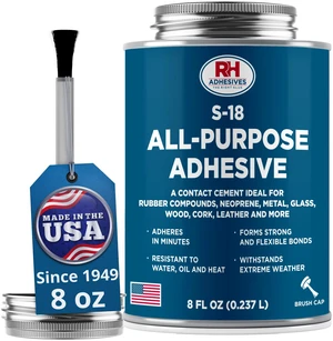 S-18 All-Purpose Adhesive 8 oz - Contact Cement for Headliner & Upholstery Multi-surface adhesive, bonds rubber, metal, leather, felt, wood and glass, for car headliners and upholstery S-18 All-Purpose Adhesive 8 oz - Contact Cement for Headliner & Upholstery Multi-surface adhesive, bonds rubber, metal, leather, felt, wood and glass, for car headliners and upholstery