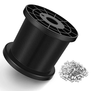 Black Vinyl Coated Wire Rope 1/16", 500FT 304 Stainless Steel Cable Includes Enough Aluminum Crimping Loop Sleeves for String Light, Clotheslines, Trellis, Picuture Hanging and DIY Projects Black Vinyl Coated Wire Rope 1/16", 500FT 304 Stainless Steel Cable Includes Enough Aluminum Crimping Loop Sleeves for String Light, Clotheslines, Trellis, Picuture Hanging and DIY Projects