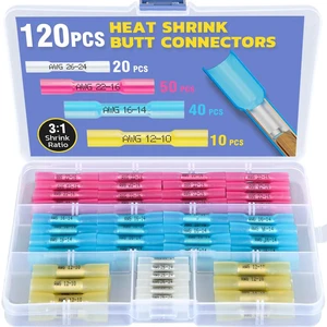 120PCS Heat Shrink Butt Connectors, 26-10 AWG 3:1 adhesive-lined heat shrink, built-in wire stop, 4 color-coded sizes for marine, automotive, and trailer wiring 120PCS Heat Shrink Butt Connectors, 26-10 AWG 3:1 adhesive-lined heat shrink, built-in wire stop, 4 color-coded sizes for marine, automotive, and trailer wiring