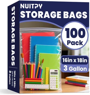 100 Pack Large 3 Gallon Storage Bags with Zipper Top, 16 x 18in Zipper Bags Clear Plastic Bag for Storage, Reusable, Sealable Storage Bag for Clothes, Travel & Moving, Double-sided Thickness 4 Mil 100 Pack Large 3 Gallon Storage Bags with Zipper Top, 16 x 18in Zipper Bags Clear Plastic Bag for Storage, Reusable, Sealable Storage Bag for Clothes, Travel & Moving, Double-sided Thickness 4 Mil