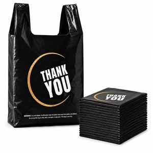 1000 Count Black Thank You T-Shirt Bags, 11 x 6 x 21 in Durable HDPE with handles, black Thank You print, carryout sacks for grocery, retail, takeout and small business 1000 Count Black Thank You T-Shirt Bags, 11 x 6 x 21 in Durable HDPE with handles, black Thank You print, carryout sacks for grocery, retail, takeout and small business