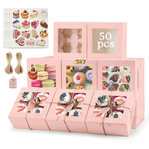 Cupcake Boxes with Window, 6x6x3 Inches Cookie Boxes,50 Pack,Pink Bakery Treat Boxes for Pastry, Desserts, Chocolate Strawberries, Cupcake Containerss for Gift Giving with Stickers & Twine Cupcake Boxes with Window, 6x6x3 Inches Cookie Boxes,50 Pack,Pink Bakery Treat Boxes for Pastry, Desserts, Chocolate Strawberries, Cupcake Containerss for Gift Giving with Stickers & Twine