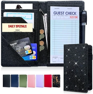 Server Book, 7 Pocket Zipper Organizer, Fits Apron, Glitter Black Reinforced PU Leather, Rigid Writing Surface, Spill-Resistant, Easy Clean, Fits 3.5x6.75 Checks, for Restaurants Cafes Bars Server Book, 7 Pocket Zipper Organizer, Fits Apron, Glitter Black Reinforced PU Leather, Rigid Writing Surface, Spill-Resistant, Easy Clean, Fits 3.5x6.75 Checks, for Restaurants Cafes Bars