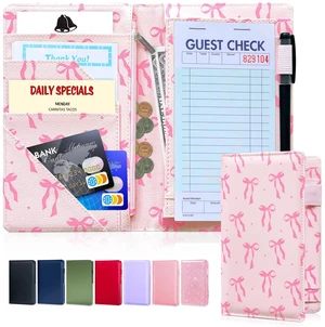 5x8 Server Book, 7 Pocket Zipper Organizer, Fits Apron, Pink Bow Reinforced PU Leather, Rigid Writing Surface, Spill-Resistant, Easy Clean, Fits 3.5x6.75 Checks, for Restaurants Cafes Bars 5x8 Server Book, 7 Pocket Zipper Organizer, Fits Apron, Pink Bow Reinforced PU Leather, Rigid Writing Surface, Spill-Resistant, Easy Clean, Fits 3.5x6.75 Checks, for Restaurants Cafes Bars