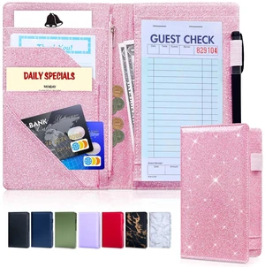 5x8 Server Book, 7 Pocket Zipper Organizer, Fits Apron, Glitter Pink Reinforced PU Leather, Rigid Writing Surface, Spill-Resistant, Easy Clean, Fits 3.5x6.75 Checks, for Restaurants Cafes Bars 5x8 Server Book, 7 Pocket Zipper Organizer, Fits Apron, Glitter Pink Reinforced PU Leather, Rigid Writing Surface, Spill-Resistant, Easy Clean, Fits 3.5x6.75 Checks, for Restaurants Cafes Bars
