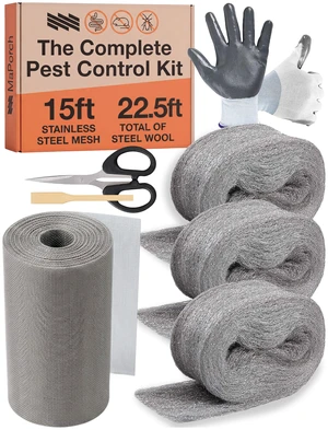 Complete Steel Wool and Stainless Steel Mice Control Kit, 22.5ft Steel Wool Hole Filler - 15ft Stainless Steel Excluder Mesh - Gloves, Scissors & Stick Complete Steel Wool and Stainless Steel Mice Control Kit, 22.5ft Steel Wool Hole Filler - 15ft Stainless Steel Excluder Mesh - Gloves, Scissors & Stick