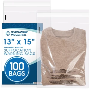 13 X 15 (100 Count) Self Seal Clear Poly Bags with Suffocation Warning for Packaging, T Shirts & Shipping- Permanent Adhesive 13 X 15 (100 Count) Self Seal Clear Poly Bags with Suffocation Warning for Packaging, T Shirts & Shipping- Permanent Adhesive