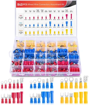 840PCS Mixed Quick Disconnect Electrical Insulated Crimp Terminals Butt Bullet Spade Bullet Fork Ring Solderless butt Splice piggyback Male Female Connector Assortment Kit for 22-10 AWG Wire 840PCS Mixed Quick Disconnect Electrical Insulated Crimp Terminals Butt Bullet Spade Bullet Fork Ring Solderless butt Splice piggyback Male Female Connector Assortment Kit for 22-10 AWG Wire