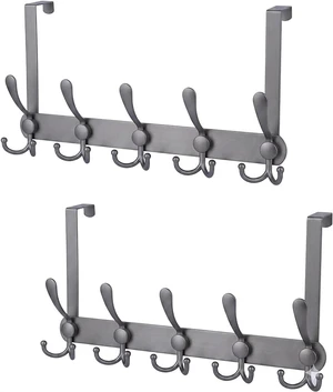 Over The Door Hooks (2-Pack), Heavy Duty Door Hanger with 5 Tri-Hooks for Hanging Clothes, Coats, Towels, Matte Gray OTD Storage Rack, Fits Standard 1-3/4" Doors, 60 lbs Max Per Rack Over The Door Hooks (2-Pack), Heavy Duty Door Hanger with 5 Tri-Hooks for Hanging Clothes, Coats, Towels, Matte Gray OTD Storage Rack, Fits Standard 1-3/4" Doors, 60 lbs Max Per Rack