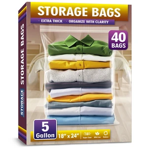 Extra Large 5 Gallon Zippered Plastic Bags for - 18'' x 24'', Ideal for Clothes Clothing, Travel, Moving, 2-mil Thick Clear Plastic, 40 pack Extra Large 5 Gallon Zippered Plastic Bags for - 18'' x 24'', Ideal for Clothes Clothing, Travel, Moving, 2-mil Thick Clear Plastic, 40 pack