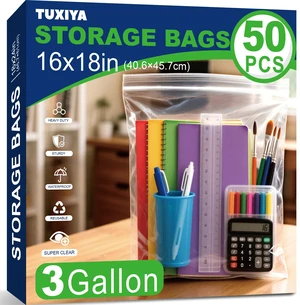 50PACK 3 Gallon Large Zipper Bags for Storage 16" x 18" Storage Bags Large Clear Zipper Bags Reusable with Sealable Zippers Top for Clothes, Travel & Moving,Thick 4 Mil 50PACK 3 Gallon Large Zipper Bags for Storage 16" x 18" Storage Bags Large Clear Zipper Bags Reusable with Sealable Zippers Top for Clothes, Travel & Moving,Thick 4 Mil