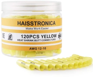 120PCS Heat Shrink Butt Connectors, 12-10 AWG Yellow 3:1 adhesive-lined heat shrink, built-in wire stop, single-size pack for automotive, trailer, and stereo wiring 120PCS Heat Shrink Butt Connectors, 12-10 AWG Yellow 3:1 adhesive-lined heat shrink, built-in wire stop, single-size pack for automotive, trailer, and stereo wiring