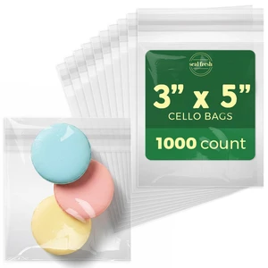 Self Sealing Cellophane Bags - 3" x 5" (1000 Count) - Clear Plastic Resealable Cello Bag - Cellophane Treat Bags, Cookie Bags for Packaging, Candy bags, Cello Bags, Pastry Bags Self Sealing Cellophane Bags - 3" x 5" (1000 Count) - Clear Plastic Resealable Cello Bag - Cellophane Treat Bags, Cookie Bags for Packaging, Candy bags, Cello Bags, Pastry Bags