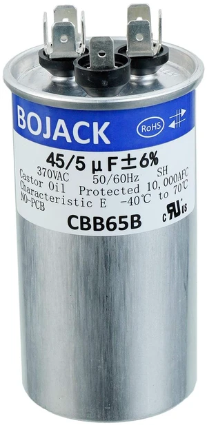 45+5uF 45/5MFD ±6% 370V CBB65 Dual Run Circular Start Capacitor for AC Motor Run or Fan Start or Condenser Straight 45+5uF 45/5MFD ±6% 370V CBB65 Dual Run Circular Start Capacitor for AC Motor Run or Fan Start or Condenser Straight