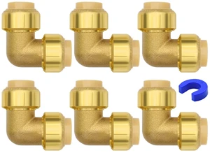 6 Pack 1/2" Pushfit Elbow Fittings with Disconnect Clip for Copper, PEX, CPVC Pipe 6 Pack 1/2" Pushfit Elbow Fittings with Disconnect Clip for Copper, PEX, CPVC Pipe