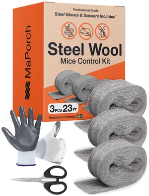 Steel Wool Mice Control 3-pc, Mouse Hole Filler, Scissors & Gloves Steel Wool Mice Control 3-pc, Mouse Hole Filler, Scissors & Gloves