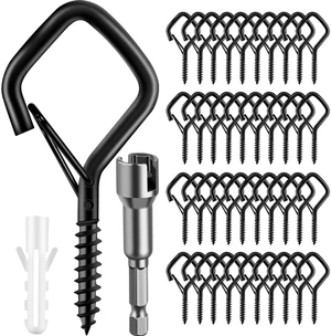 100PCS Screw Hooks for Outdoor String Lights, Patio Wall Ceilling Eye Hook Square Q-Hanger Hook with Safety Buckle for Hanging Cup Plant Pots Christmas Decor Wire Fairy Led, Wind Nut Driver, Black 100PCS Screw Hooks for Outdoor String Lights, Patio Wall Ceilling Eye Hook Square Q-Hanger Hook with Safety Buckle for Hanging Cup Plant Pots Christmas Decor Wire Fairy Led, Wind Nut Driver, Black