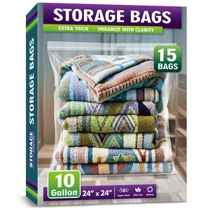 Extra Large 10 Gallon Zippered Plastic Bags for - 24'' x 24'', Ideal for Clothes Clothing, Travel, Moving, 3-mil Extra Thick Clear Plastic, 15 pack Extra Large 10 Gallon Zippered Plastic Bags for - 24'' x 24'', Ideal for Clothes Clothing, Travel, Moving, 3-mil Extra Thick Clear Plastic, 15 pack