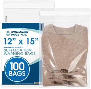 12 X 15 (100 Count) Self Seal Clear Poly Bags with Suffocation Warning for Packaging, T Shirts & Shipping - Permanent Adhesive 12 X 15 (100 Count) Self Seal Clear Poly Bags with Suffocation Warning for Packaging, T Shirts & Shipping - Permanent Adhesive