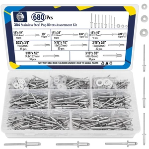680Pcs Stainless Steel Pop Rivets, 8 Sizes Stainless Rivets with 1/8" 5/32" 3/16" Blind Rivets and Washers Assortment Kit 680Pcs Stainless Steel Pop Rivets, 8 Sizes Stainless Rivets with 1/8" 5/32" 3/16" Blind Rivets and Washers Assortment Kit