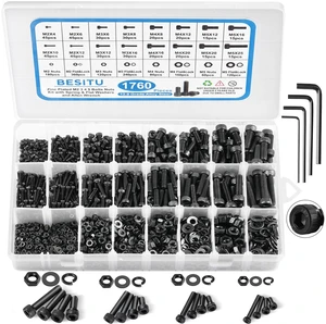 1760pcs M2 M3 M4 M5 Metric Screw Assortment, Grade 12.9 Alloy Steel Hex Socket Head Cap Bolts and Nuts Kit, Black Zinc Plated and Anti Rust Screw Set with 4 pcs Hex Wrenches 1760pcs M2 M3 M4 M5 Metric Screw Assortment, Grade 12.9 Alloy Steel Hex Socket Head Cap Bolts and Nuts Kit, Black Zinc Plated and Anti Rust Screw Set with 4 pcs Hex Wrenches