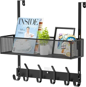 Over The Door Hooks Organizer,Back Door Storage with Coat Hooks Door Hanger with Mesh Basket & Wreath Hanger,Towel Rack for Bathroom, Bedroom, Kitchen (Black) Over The Door Hooks Organizer,Back Door Storage with Coat Hooks Door Hanger with Mesh Basket & Wreath Hanger,Towel Rack for Bathroom, Bedroom, Kitchen (Black)