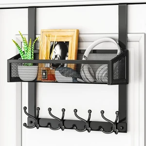 Over The Door Hooks - Easy Installation Door Hanger with Basket and 16 Hooks, 304 Stainless Steel Storage Organizer for Towels, Coats, Bathroom, Kitchen, Dorm - Black Over The Door Hooks - Easy Installation Door Hanger with Basket and 16 Hooks, 304 Stainless Steel Storage Organizer for Towels, Coats, Bathroom, Kitchen, Dorm - Black