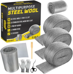 Steel Wool Mice Control - 3 Pack 2.75 in x 11.5 Ft Steel Wool & 1 Pack 5 in x 15 Ft Wire Mesh with Wooden Stick & Gloves & Scissors, Mouse Hole Filler for House Garden Polishing Chrome, Glass Steel Wool Mice Control - 3 Pack 2.75 in x 11.5 Ft Steel Wool & 1 Pack 5 in x 15 Ft Wire Mesh with Wooden Stick & Gloves & Scissors, Mouse Hole Filler for House Garden Polishing Chrome, Glass