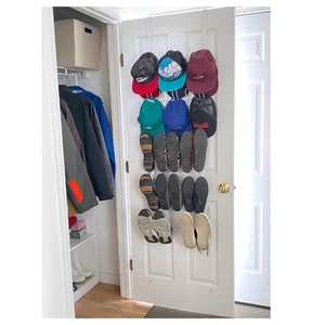 Over the Door Shoe Organizer, 5 Tier Rack for Shoes, Hats & Bags Five-tier metal rack holds up to 12 pairs of shoes or 40 caps and accessories, maximizing extra storage behind a closet door Over the Door Shoe Organizer, 5 Tier Rack for Shoes, Hats & Bags Five-tier metal rack holds up to 12 pairs of shoes or 40 caps and accessories, maximizing extra storage behind a closet door