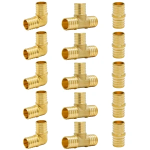 15-Pack 1 Inch PEX Fittings Kit, 5 Each Elbow Tee Coupling Brass Crimp Pipe Fitting for PEX Tubing 15-Pack 1 Inch PEX Fittings Kit, 5 Each Elbow Tee Coupling Brass Crimp Pipe Fitting for PEX Tubing