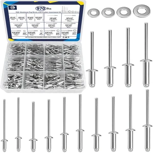 970Pcs Aluminum Pop Rivets with Washer Assortment Kit, 14 Sizes Silver Rivets with 3/32" 1/8" 5/32" 3/16" Blind Rivets, Assorted Pop Rivets Set 970Pcs Aluminum Pop Rivets with Washer Assortment Kit, 14 Sizes Silver Rivets with 3/32" 1/8" 5/32" 3/16" Blind Rivets, Assorted Pop Rivets Set