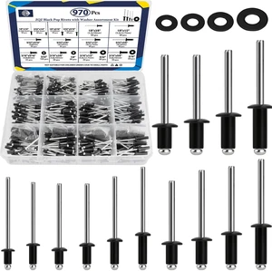 970Pcs Black Pop Rivets with Washer Assortment Kit, 14 Sizes Black Rivets with 3/32" 1/8" 5/32" 3/16" Blind Rivets, Assorted Pop Rivets Set for Metal 970Pcs Black Pop Rivets with Washer Assortment Kit, 14 Sizes Black Rivets with 3/32" 1/8" 5/32" 3/16" Blind Rivets, Assorted Pop Rivets Set for Metal