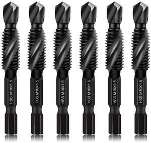6 Packs M10 Combination Drill & Taps Bit Set, Screw Tapping Threading Tools in Size M10*1.5 with Anti-Rust Black Coating, 1/4" Hex Shank and Storage Case 6 Packs M10 Combination Drill & Taps Bit Set, Screw Tapping Threading Tools in Size M10*1.5 with Anti-Rust Black Coating, 1/4" Hex Shank and Storage Case
