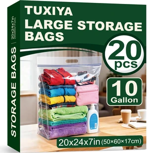 20 PACK Extra Large Storage Bags, 10 Gallon 24"x20"x7" Zipper Bags Resealable Clear Bags with Handle,XL Heavy Duty for Clothes Travel Moving,Double Zipper Seal, Expandable Bottom,Thick 8 Mils 20 PACK Extra Large Storage Bags, 10 Gallon 24"x20"x7" Zipper Bags Resealable Clear Bags with Handle,XL Heavy Duty for Clothes Travel Moving,Double Zipper Seal, Expandable Bottom,Thick 8 Mils