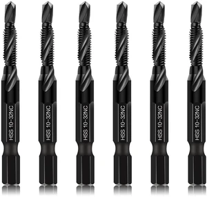 6-Piece 10-32NC Combination Drill Tap Countersink Bit Set SAE, Made of High-Speed Steel with Anti-Rust Blackened Coating, Ideal for Soft Metal, Wood & Plastic, 10-32NC Thread Size, 1/4 Hex Shank 6-Piece 10-32NC Combination Drill Tap Countersink Bit Set SAE, Made of High-Speed Steel with Anti-Rust Blackened Coating, Ideal for Soft Metal, Wood & Plastic, 10-32NC Thread Size, 1/4 Hex Shank
