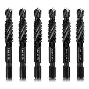 6-Piece 12-24NC Combination Drill Tap Countersink Bit Set SAE, Made of High-Speed Steel with Anti-Rust Blackened Coating, Ideal for Soft Metal, Wood & Plastic, 12-24NC Thread Size, 1/4" Hex Shank 6-Piece 12-24NC Combination Drill Tap Countersink Bit Set SAE, Made of High-Speed Steel with Anti-Rust Blackened Coating, Ideal for Soft Metal, Wood & Plastic, 12-24NC Thread Size, 1/4" Hex Shank