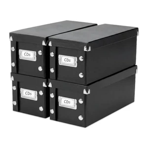 CD Storage Box, 4-Pack, Holds 165 Sleeved CDs per Box, Black Reinforced corners, chrome label holder, snap assembly, works well as a cd holder and cd organizer, folds flat CD Storage Box, 4-Pack, Holds 165 Sleeved CDs per Box, Black Reinforced corners, chrome label holder, snap assembly, works well as a cd holder and cd organizer, folds flat