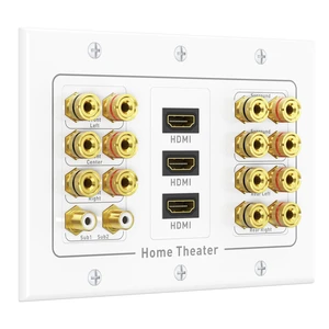 Triple Gang 7.2 Speaker Wall Plate with HDMI, White HDMI Pass-through, Gold-Plated Binding Posts, Banana Plug Compatible, for Home Theater Wiring Triple Gang 7.2 Speaker Wall Plate with HDMI, White HDMI Pass-through, Gold-Plated Binding Posts, Banana Plug Compatible, for Home Theater Wiring