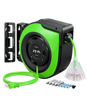 75FT Extension Cord Reel10A Circuit Breaker, UL Listed, Green Lighted Triple Outlets, 14/3C SJTOW, 10A Circuit Breaker, Ceiling/Wall Mount, 180° Swivel Bracket for Garage, Workshop 75FT Extension Cord Reel10A Circuit Breaker, UL Listed, Green Lighted Triple Outlets, 14/3C SJTOW, 10A Circuit Breaker, Ceiling/Wall Mount, 180° Swivel Bracket for Garage, Workshop