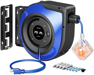 6 Grounded Outlets Retractable Extension Cord Reel, ETL Listed lluminated On/Off Switch, 14/3C SJTOW, 10A Circuit Breaker, Wall/Ceiling Mounted for Garage, Workshop, Blue 6 Grounded Outlets Retractable Extension Cord Reel, ETL Listed lluminated On/Off Switch, 14/3C SJTOW, 10A Circuit Breaker, Wall/Ceiling Mounted for Garage, Workshop, Blue
