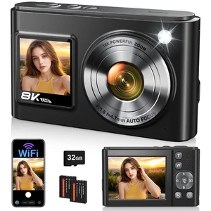 8K Digital Camera, 96MP WiFi Camera for Photography with Dual Screen(Black) Autofocus, Anti-Shake, 16X Zoom, Vlogging Point Shoot Camera for Teens, Beginners, Travel, 2 Batteries, 32GB Card 8K Digital Camera, 96MP WiFi Camera for Photography with Dual Screen(Black) Autofocus, Anti-Shake, 16X Zoom, Vlogging Point Shoot Camera for Teens, Beginners, Travel, 2 Batteries, 32GB Card