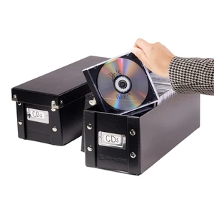 CD Storage Box, 2-Pack, Holds 165 Sleeved CDs per Box, Black Reinforced corners, chrome label holder, snap assembly, works well as a cd holder and cd organizer, folds flat CD Storage Box, 2-Pack, Holds 165 Sleeved CDs per Box, Black Reinforced corners, chrome label holder, snap assembly, works well as a cd holder and cd organizer, folds flat