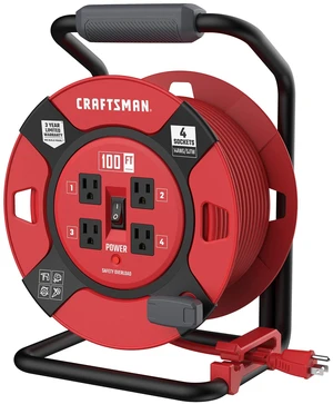 100 Ft. Retractable Extension Cord Reel, 4 Outlets 14 AWG SJTW cable, heavy-duty build, ideal for garage or job site power 100 Ft. Retractable Extension Cord Reel, 4 Outlets 14 AWG SJTW cable, heavy-duty build, ideal for garage or job site power