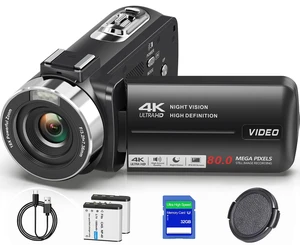 4K 80MP Camcorder Video Camera 18X Zoom Vlogging Camera for YouTube Webcam Autofocus, IR Night Vision, 3.0" 270° Rotatable IPS Screen; Video Recorder with 32GB SD Card, Lens Cap & 2 Batteries 4K 80MP Camcorder Video Camera 18X Zoom Vlogging Camera for YouTube Webcam Autofocus, IR Night Vision, 3.0" 270° Rotatable IPS Screen; Video Recorder with 32GB SD Card, Lens Cap & 2 Batteries