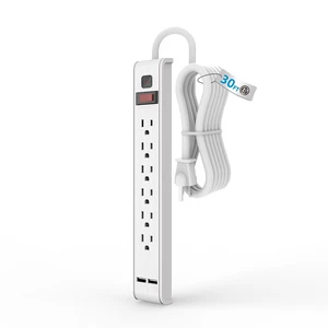Power Strip Surge Protector with 6 Outlets & 2 USB Ports (30 FT) 600 Joules, 30 ft Extension Cord, Wall Mountable, ETL Listed, 15A/1875W Power Strip Surge Protector with 6 Outlets & 2 USB Ports (30 FT) 600 Joules, 30 ft Extension Cord, Wall Mountable, ETL Listed, 15A/1875W