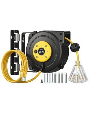 25FT Retractable Extension Cord Reel, 3-Outlet,14/3C SJTOW Cable Lighted End Plug, 13A Circuit Breaker, 180° Swivel Bracket, Safety Lock, Electric Cord Reel for Garage, Workshop, Yellow 25FT Retractable Extension Cord Reel, 3-Outlet,14/3C SJTOW Cable Lighted End Plug, 13A Circuit Breaker, 180° Swivel Bracket, Safety Lock, Electric Cord Reel for Garage, Workshop, Yellow