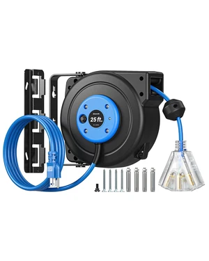 25FT Retractable Extension Cord Reel, 3-Outlet,14/3C SJTOW Cable Lighted End Plug, 13A Circuit Breaker, 180° Swivel Bracket, Safety Lock, Electric Cord Reel for Garage, Workshop, Blue 25FT Retractable Extension Cord Reel, 3-Outlet,14/3C SJTOW Cable Lighted End Plug, 13A Circuit Breaker, 180° Swivel Bracket, Safety Lock, Electric Cord Reel for Garage, Workshop, Blue